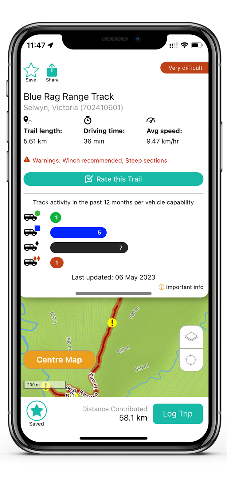 Newtracs 4wd maps app showing track conditions info for Blue Rag Range Track in the Victorian High Country.