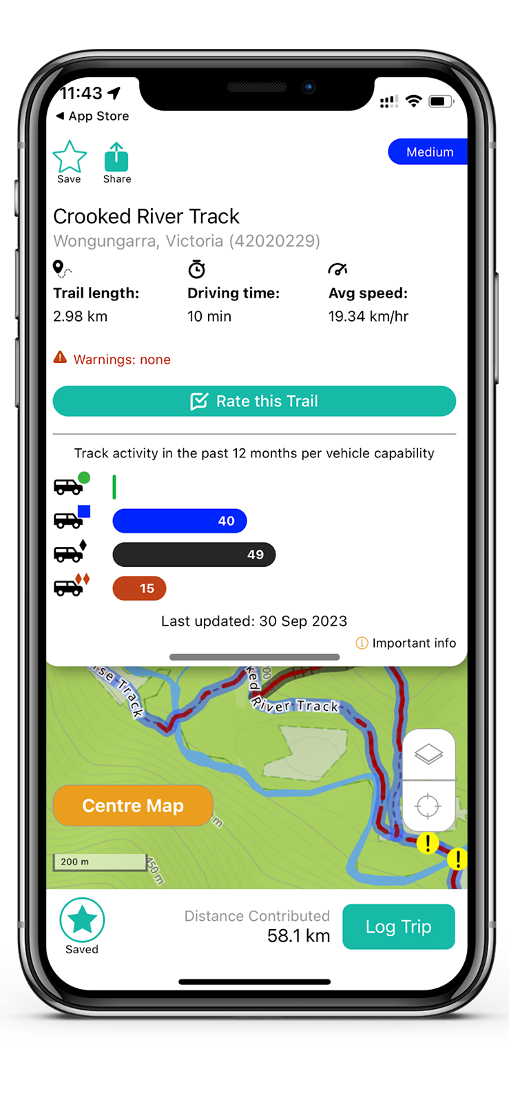 Newtracs 4wd maps app showing track conditions info for Crooked River track in the Victorian High Country.