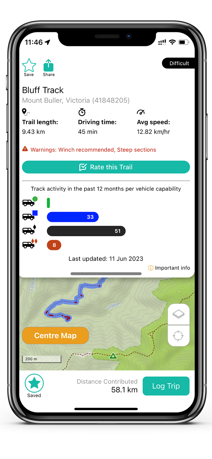 Newtracs 4wd maps app showing track conditions info for Bluff Track in the Victorian High Country.