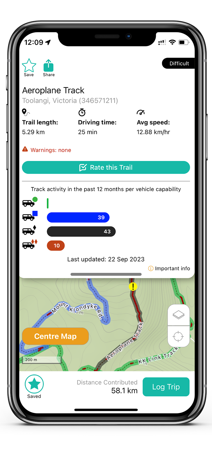 Newtracs 4wd maps app showing track conditions info for Aeroplane Track in Toolangi State Forest.