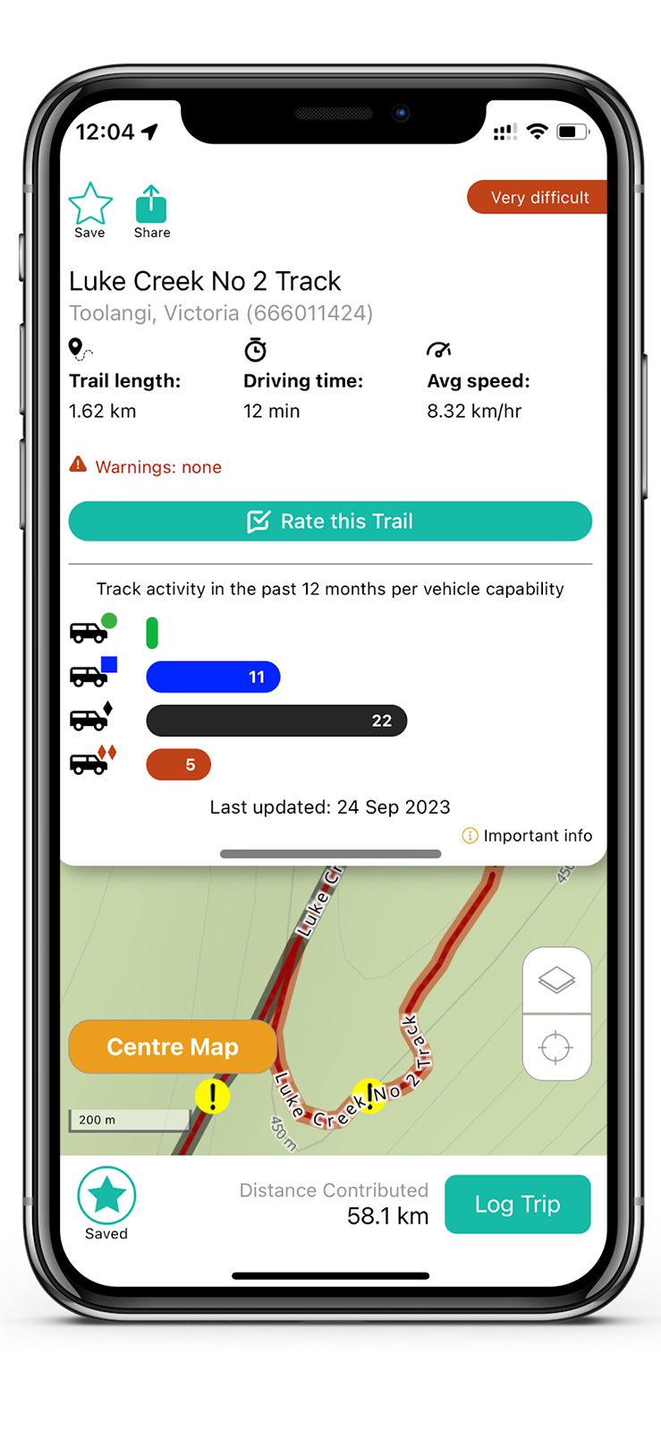 Newtracs 4wd maps app showing track conditions info for Luke Creek Track in Toolangi State forest.